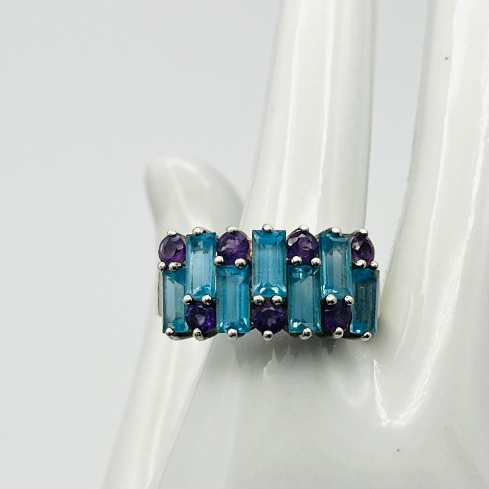 Michael Valitutti Sterling Silver Blue Topaz Amethyst Baguette Ring Size 7.75